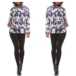 Eliza J Floral Print Puffer Jacket Navy Multi Padded Down Coat - Size M